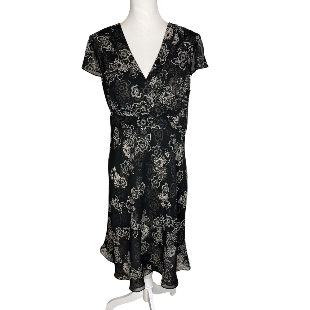 Ann Taylor LOFT Black Floral Chiffon Empire Waist Faux Wrap Midi Dress 14 Womens